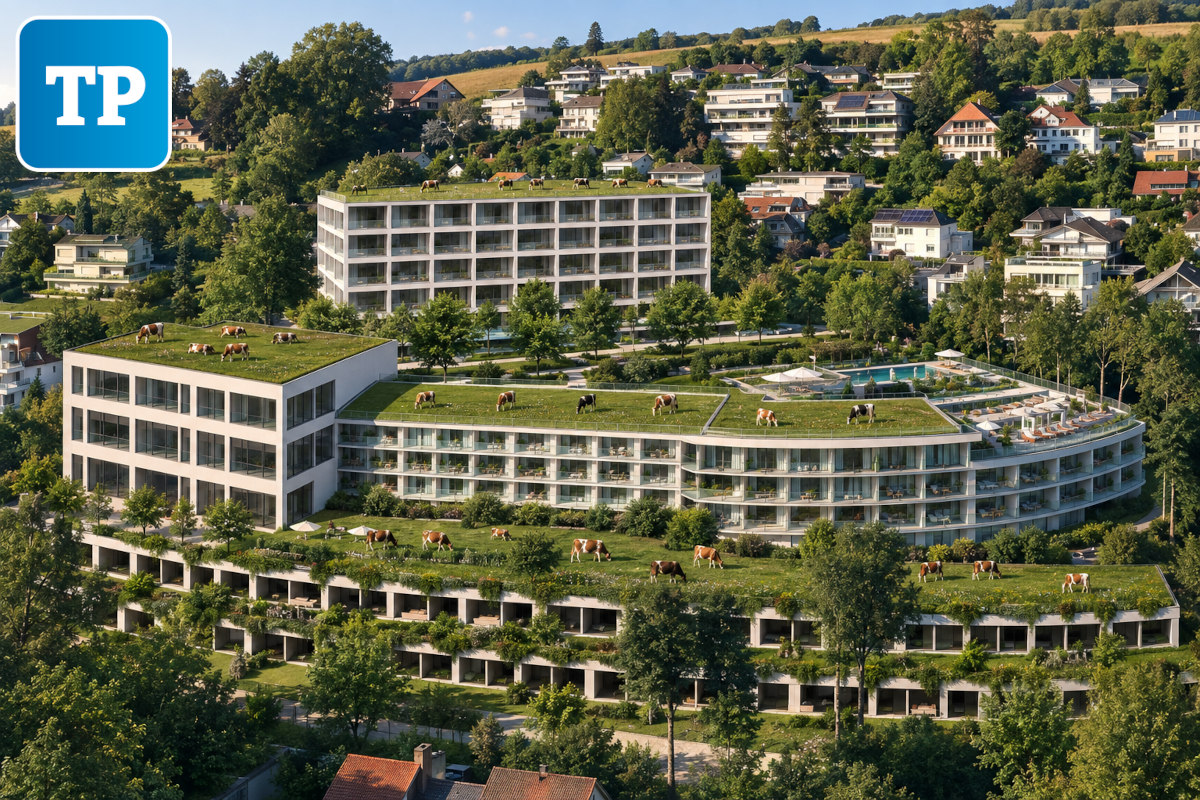 Grasende Kühe auf dem Dach